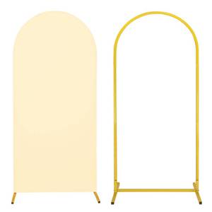 lot 92076 image: Metal Arch Stand and Cover Set,1 Beige Spandex Fitted Backdrop with 1 Gold Wedding Arched Stand Frame for Parties Birthday Baby Shower Bridal Banquet Decoration (6FT)