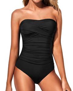 lot 92078 image: Yonique Womens Strapless One Piece Swimsuit Tummy Control Bandeau Bathing Suits Slimming Twist Front Swimwear Black White Leopard L