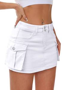 lot 92082 image: Mancreda Women Denim Cargo Skirt Mini Low Waist Button Bodycon Y2K Flap Pockets Skirts(WH,M)