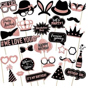 lot 92088 image: Tenare 36 Pcs Rose Gold Birthday Photo Booth Props Kit, Large Rose Gold Birthday Wedding Party Photobooth Props Pink and Black Photobooth Props with Glitter for Woman Holiday Birthday Parties Supplies