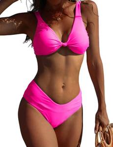 lot 92093 image: High Waisted Bikini Sets for Women Push Up Two Piece Bikini Swimsuit High Cut 2 Piece Bathing Suit Thong Knot Front Swim Suit V Neck Neon Pink L