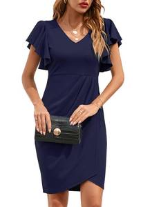 lot 92105 image: IHOT Party Dress Wedding Guest Dresses for Women Deep V-Neck Ruffle Sleeve Sheath Bodycon Casual Cocktail Party Work Faux Wrap Semi Formal Dress with Front Slit Plus Size Navy Blue XXL