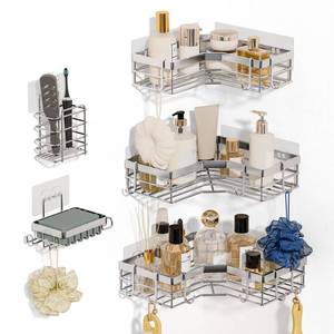 lot 92106 image: Fixwal Shower Caddy, Bathroom Corner Shower Organizers, Sliver Shower Shelves for Inside Shower with Soap Caddy & Toothbrush Holder, No Drilling Wall Mount 5-Pack