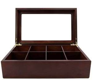 lot 92109 image: Parfect Deals Bamboo Tea Box  Sturdy Box With 8 Compartments for Organizing Tea  Clear Acrylic Top Window with 8 Adjustable Chests  Organize Tea, Watches, & Small Items