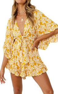 lot 92113 image: PRETTYGARDEN Floral Short Bell Sleeve Tie Front Rompers for Women Summer V-Neck Ruffle Mini Swing Skater Romper Dresses (Branch Yellow White,Large)