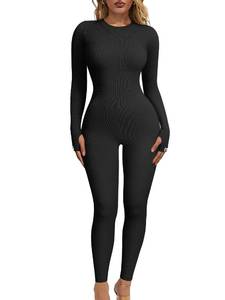 lot 92115 image: OQQ Women�s Yoga Jumpsuits Ribbed Long Sleeve Crew Neck Tops Sport Jumpsuits Black