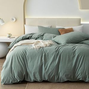 lot 92119 image: JIYUAN 100% Washed Cotton Duvet Cover Set Comfy Simple Style Soft Breathable Textured Durable Linen Feel Bedding for All Seasons Queen, Green