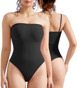 lot 92126 image: OMKAGI Women Off Shoulder Strapless Bodysuit Shapewear Tummy Control Thong Body Suit(M,46-Black)