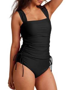 lot 92131 image: Aleumdr Womens Retro Ruched Two Piece Strappy Tummy Control Swimwear Tie Side Tankini Top Bathing Suit Set Bikini Bottom Swimsuits Black Large