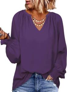 lot 92142 image: Dokotoo Womens Tops Long Sleeve Shirts V Neck Fall Outfits Clothes for Women 2024 Spring Summer Chiffon Loose Fit Solid Color Plus Size T Shirts Business Casual Dark Purple Blouses for Women XL