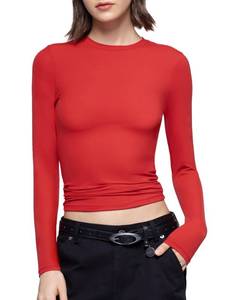 lot 92145 image: PUMIEY Womens Long Sleeve T Shirts Crew Neck Slim Fit Going Out Tops for Women Sexy Basic Tee, Ruby Small