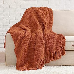 lot 92148 image: Bedsure Terracotta Throw Blanket for Couch � Versatile Knit Woven Chenille Blanket for Chair, Super Soft, Warm & Decorative Blanket with Tassels for Bed, Sofa and Living Room (Terracotta, Throw)