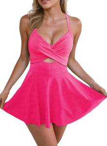 lot 92149 image: Aleumdr Womens One Piece Swimsuit with Skirt Cutout Swimdress Bathing Suits Tummy Control V Neck Swimwear Modest Swim Suit for Women 2024 Pink Large