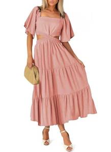 lot 92156 image: Acelitt Womens Casual Trendy 2023 Summer Backless Crossover Cut Out Waist Dresses Short Sleeve Square Neck Tiered Ruffle A Line Long Maxi Dress Pink Medium