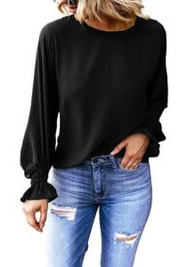 lot 92165 image: Dokotoo Womens Ladies Bell Long Sleeve Spring Summer Tops Crewneck Chiffon Business Work Solid Ruffle Shirts and Blouses for Women Casual Loose Shirts Black Large