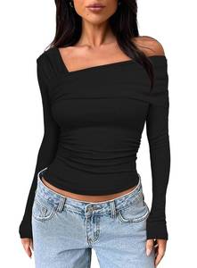 lot 92166 image: Darong Womens Long Sleeves Y2K Shirts Asymmetrical Basic Fitted Blouse One Shoulder Long Sleeve Sexy Shirts for Women 9033 Black L