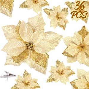 lot 92171 image: 36PCS Christmas Tree Decorations Ornaments - Poinsettia Flowers Artificial Glitter Silver Xmas Ornaments with Clips(3 Sizes) - Retail $13451.61