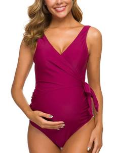lot 92172 image: Tempotrek Maternity Swimsuit One Piece Elegant V Neck Pregnancy Swimwear Tie Front Bowknot Bathing Suit Monokini