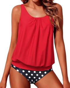 lot 92177 image: Yonique Two Piece Blouson Tankini Swimsuits for Women Modest Bathing Suits Loose Fit Swimwear Red Polk Dot L - Retail $127.39