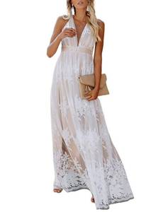 lot 92180 image: Dokotoo Womens Sexy V Neck Sleeveless Spaghetti Straps Elegant Embroidered High Slit Sheer Mesh Dresses Backless Maxi Long Formal Evening Party Prom Dress Bridesmaid Wedding Guest Dresses White XL