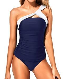 lot 92191 image: Tempt Me Blue White Two Piece Tankini Bathing Suits for Women One Shoulder Swim Top with Bottom Swimsuits M