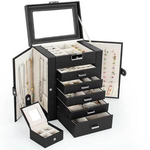 lot 92192 image: TORIBIO Jewelry Box Jewelry Organizer with Mirror, Faux Leather Jewelry Storage Case for GirlsWomenMother, Necklace Earring Bracelets Holder Organizer, Black