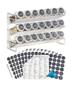 lot 92203 image: GONGSHI 3 Tier Spice Rack Organizer with 21 Empty Spice Jars, 386 Spice Labels, pen and Funnel Set for Countertop Cabinet Pantry or Wall Door Mount - Chrome