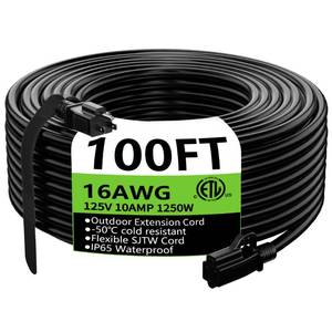 lot 92209 image: HUANCHAIN Indoor Outdoor Black Extension Cord 100 ft Waterproof, 163 Gauge Flexible Cold-Resistant Appliance Extension Cord Outside, 10A 1250W 16AWG SJTW, 3 Prong Heavy Duty Electric Cord, ETL