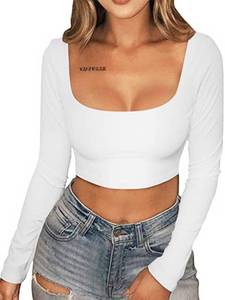 lot 92212 image: XXTAXN Womens Sexy Bodycon Fitted Square Neck Long Sleeve Basic T-Shirt Crop Top White