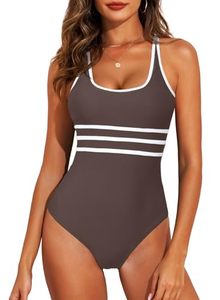 lot 92214 image: Aleumdr Womens Color Block One Piece Athletic Swimsuit Sports Tummy Control Cheeky High Cut Bathing Suits Coffee Large