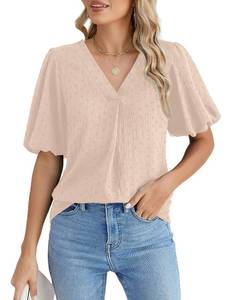 lot 92215 image: Blooming Jelly Women Dressy Casual Tops Business Work Blouses Summer Shirts Swiss Pot Puff Sleeve V Neck Outfits 2024(L, Apricot01)