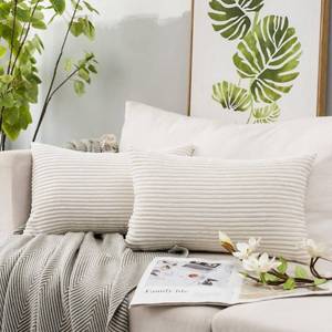 lot 92230 image: JUSPURBET Cream White Lumbar Corduroy Throw Pillow Covers 16x24 inch Set of 2 for Couch Bed Sofa Living Room Decorative Soft Solid Rectangular Striped Cushion Cases with Invisible Zipper