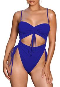 lot 92242 image: Viottiset Womens Drawstring Cut Out One Piece Swimsuit Cheeky Bathing Suit Monokini Blue Medium
