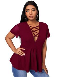 lot 92256 image: SOLY HUX Womens Plus Size Sexy Tops Criss Cross Blouses V Neck Short Sleeve Shirts Solid Burgundy X-Large Plus
