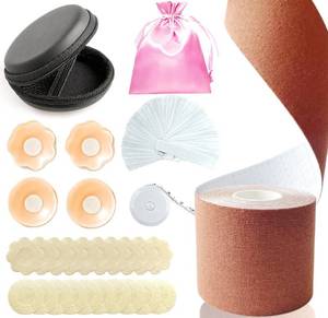 lot 92276 image: beeurptnr Boob Tape Kit - Boobytape for Breast Lift 1 Body Tape, 4 Pcs Silicone Breast Petals, 20 Pcs Satin Nipple Stickers, 36 Pcs Double Sided Tape, BoobTape for Large Breasts A-G Cup Multicolor