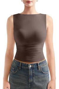 lot 92278 image: SUUKSESS Women Double Lined Sleeveless Going Out Basic Tank Tops Ruched Summer Casual T Shirts (Brown,Small)