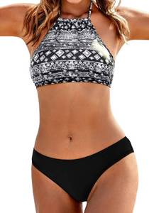 lot 92291 image: Ekouaer Womens Swimwear, High Neck Halter Bikini Top, Floral Swimsuits, Two Piece Bathing Suits, Triangle Bottoms for Juniors, Medium, Black Tribal