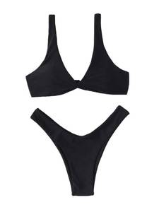 lot 92294 image: Verdusa Womens Twist Front High Cut Thong Two Piece Bikini Set Swimsuit Black S