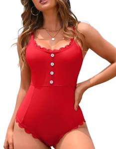 lot 92302 image: Charmo Womens 1 Piece Swimsuits Scalloped Ribbed Button up Swim Suit Cute One Piece Bathing Suit Red
