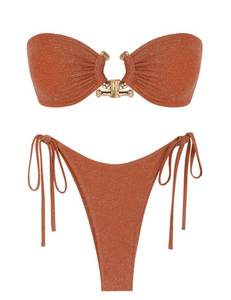lot 92313 image: ZAFUL Womens Bandeau Bikini Strapless Two Piece Swimsuit Metallic Sparkly Glitter Swimwear Cutout Bathing Suit Rust Red S