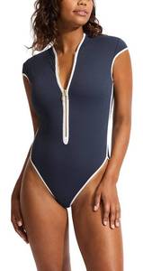 lot 92314 image: Seafolly Womens Cap Sleeve Zip Front One Piece Swimsuit, Beach Bound True Navy - Retail $201.83