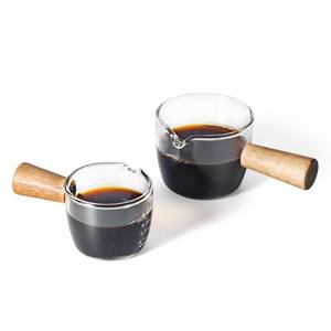 lot 92325 image: wirsh Espresso Shot Glasses, Espresso Cups with Wooden Handle 2 Pcs, 50ml100ml Single Spout Measuring Glass Cup for Pouring Coffee, Milk, Sauce
