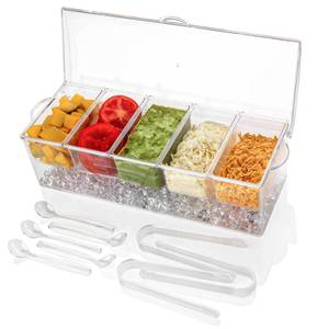 lot 92327 image: IVYHOME Ice Chilled 5 Compartment Condiment Server Caddy  Fruit Serving Tray  Condiment Pots with 5 Removable Dishes Over 2 Cup Capacity Each and Hinged Lid