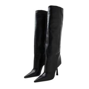lot 92330 image: Goolita Fold Over Boots For Women, Pointed Toe Stiletto Heel Knee High Boots Leather Comfortable Slip On Tall Boots