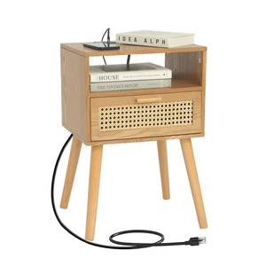 lot 92333 image: MaxSmeo Mid Century Modern Nightstand with Charging Station, Bedside Tables with Rattan Drawer, Small Wood Nightstand Side Table for Living Room,Bedroom (Brown)