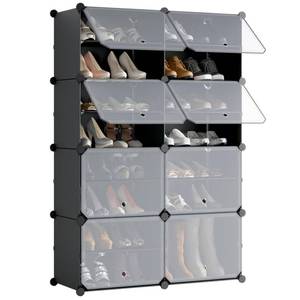 lot 92339 image: Cuzdeco Shoe Organizer Cabient, 8 Cube 16 Tiers Shoe Rack with Door, 32 Pairs DIY Shelves Plastic Shoes Storage Free Standing Shoe Rack, for Closet Entryway Hallway Bedroom, Black