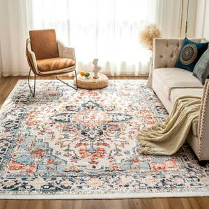 lot 92340 image: VK VK�LIVING Machine Washable Rug 6x9 Vintage Design Washable Area Rugs with Non Slip Rugs for Living Room Bedroom Traditional Woven Rug Carpet Stain Resistant,Home Decor Office Boho Rug,Blue&Orange - Retail $92.94