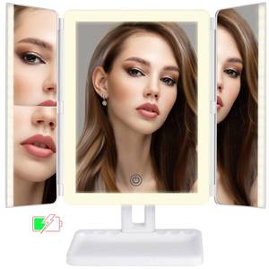 lot 92341 image: FASCINATE 176 LED Rechargeable Makeup Vanity Mirror with Lights, 2X 3X Magnifying Makeup Mirror with Lighting,Cordless Trifold Light up Mirror, 3 Color Lights Cometic Mirror White