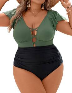 lot 92345 image: Blooming Jelly Womens Plus Size One Piece Swimsuit Tummy Control Bathing Suits Backless Push Up Swimwear(Black and Army Green,Large)