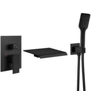 lot 92350 image: Aolemi Wall Mount Bathtub Faucet Wall Mounted Waterfall Tub Faucet Tub Filler with Handheld Sprayer Single Handle Solid Brass Rough-in Valve,with Bevel Angle Spout,Matte Black - Retail $135.7